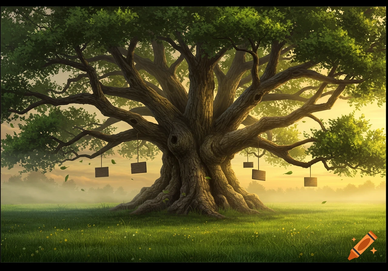 A large, ancient tree with sprawling branches and blank wooden signs hanging in a misty, sunlit grassy field.