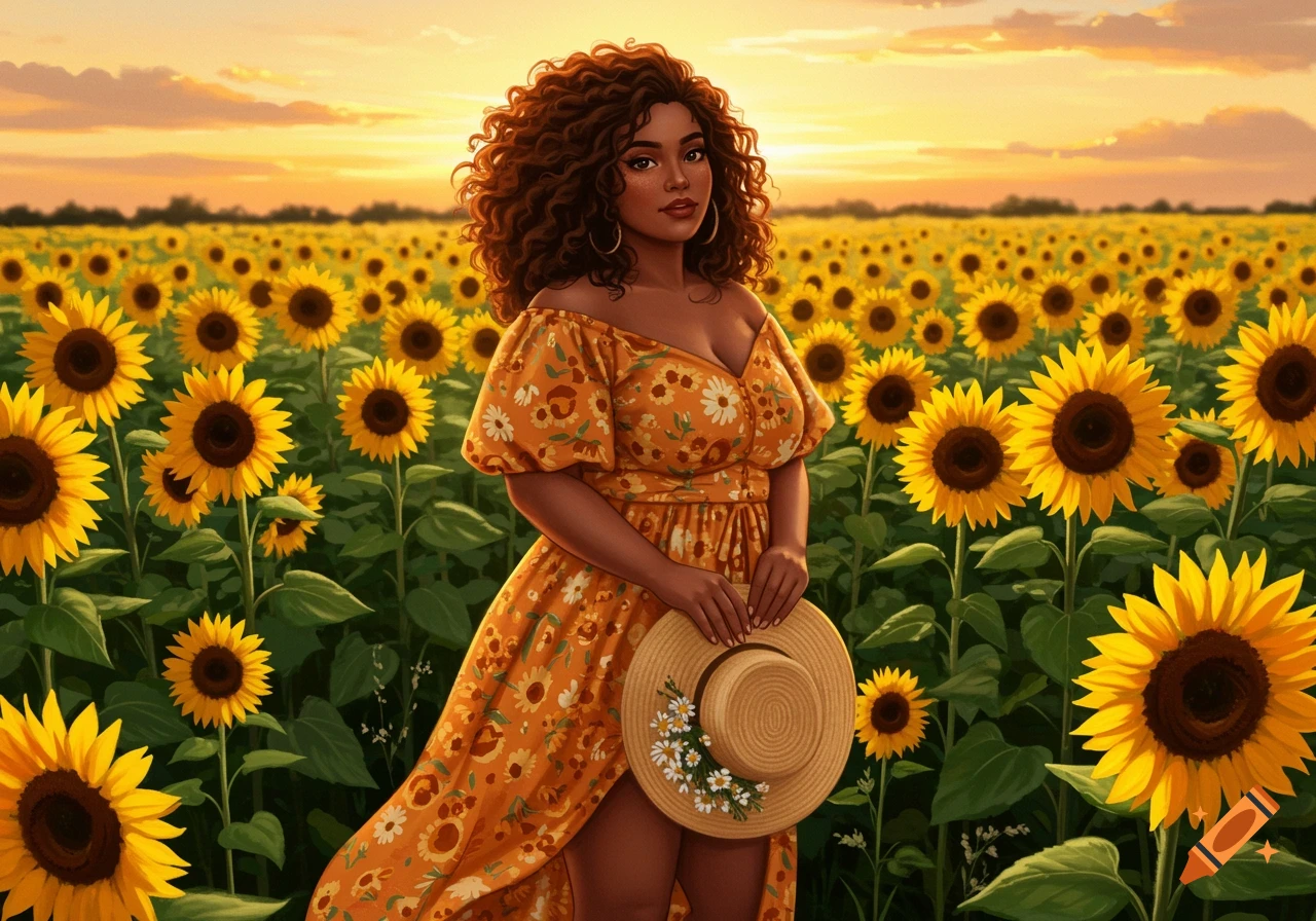 A woman with curly brown hair in an off-shoulder floral dress stands in a vibrant sunflower field at sunset, holding a straw hat.
