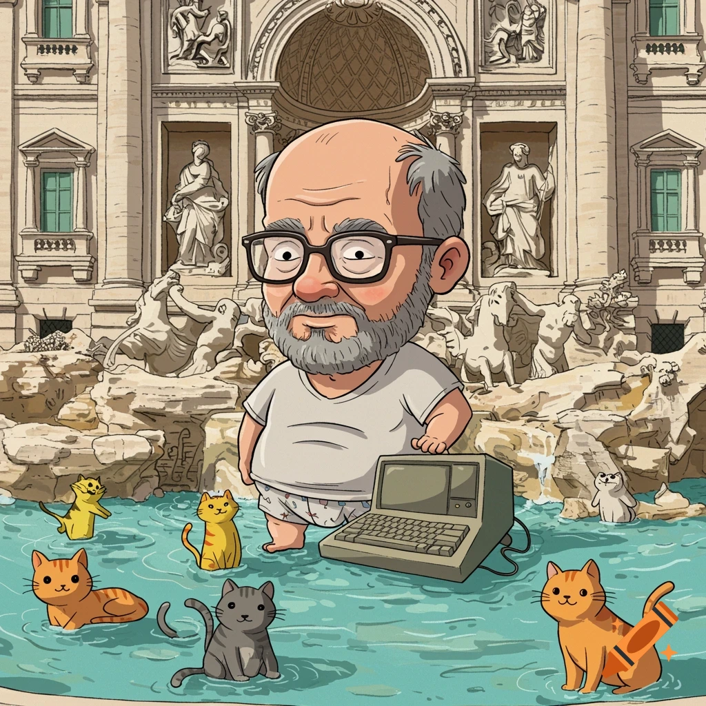 Cartoon man in boxer shorts and t-shirt stands in water with cats and an old computer in front of the Trevi Fountain.
