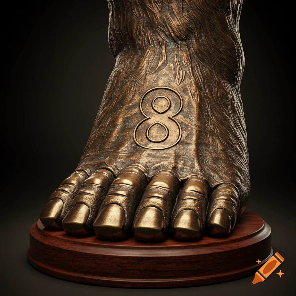 A detailed bronze sculpture of a gorilla's foot with the number 8 on top, resting on a wooden base.
