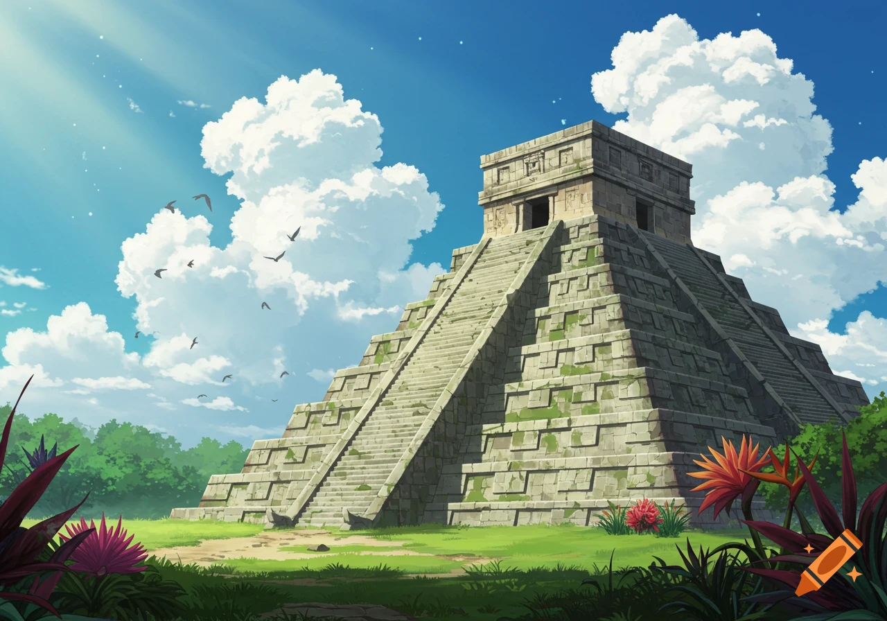 An anime-style illustration of a large stone pyramid surrounded by green jungle plants under a bright blue sky with white clouds.