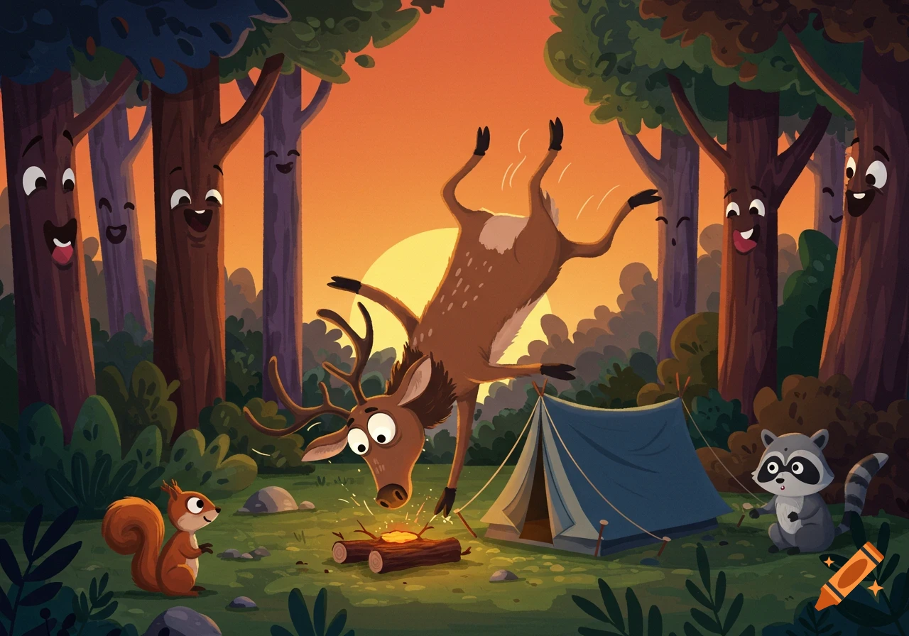A whimsical cartoon elk falls over a tent and campfire in a forest, watched by a squirrel, raccoon, and smiling trees at sunset.