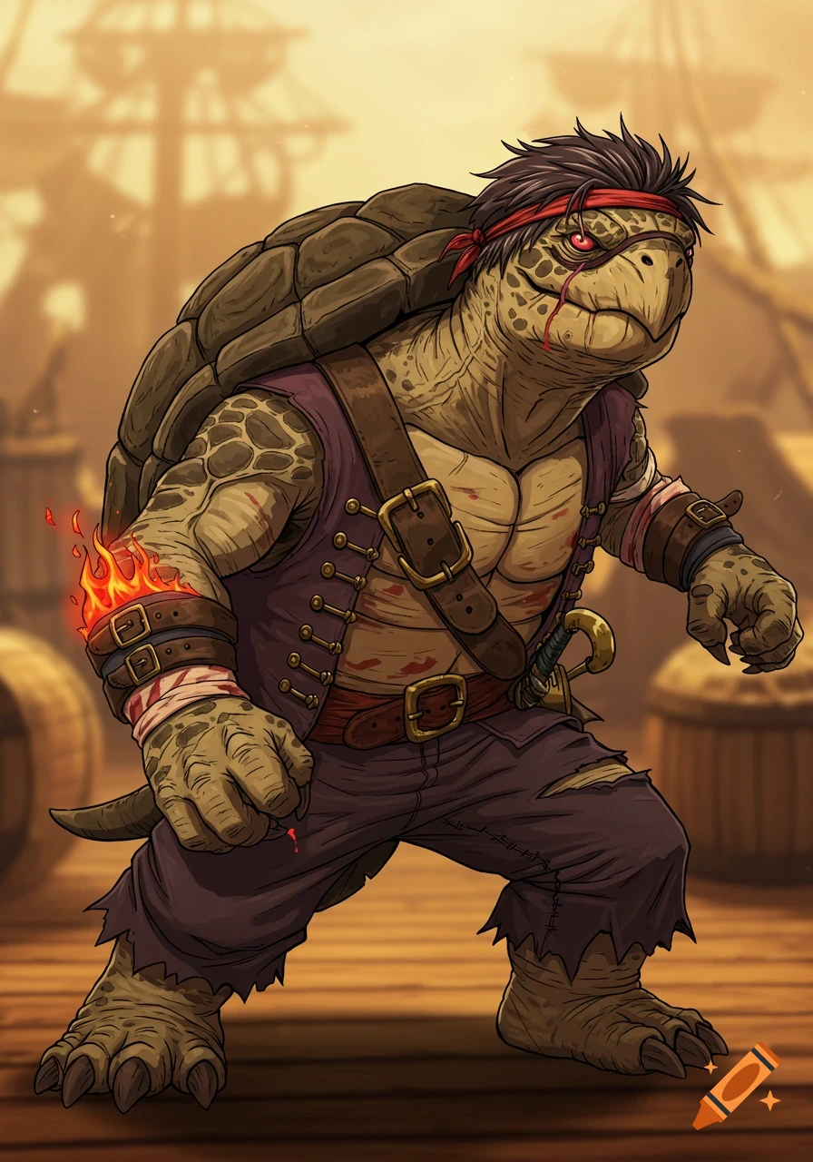 A determined anthropomorphic turtle pirate with a red headband, fire on its arm, and a scar on its eye stands on a ship deck in an anime art style.
