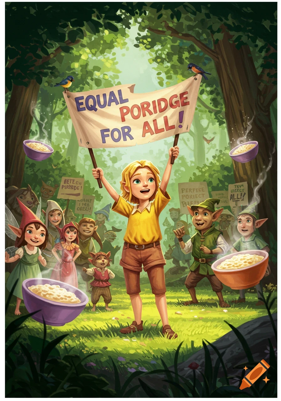 A golden-haired child holds a 'Equal Poridge For All!' banner, leading a protest of cheerful, elf-like creatures in a vibrant forest, with bowls of steaming porridge floating around them.
