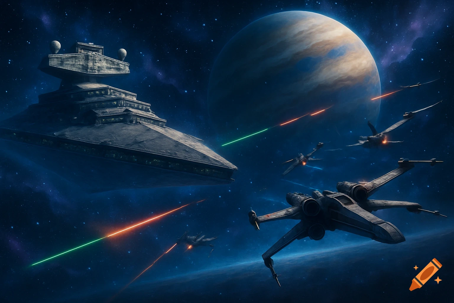 A photorealistic space battle scene with a large Star Destroyer-like ship, X-wing fighters, laser fire, and a planet in the background.