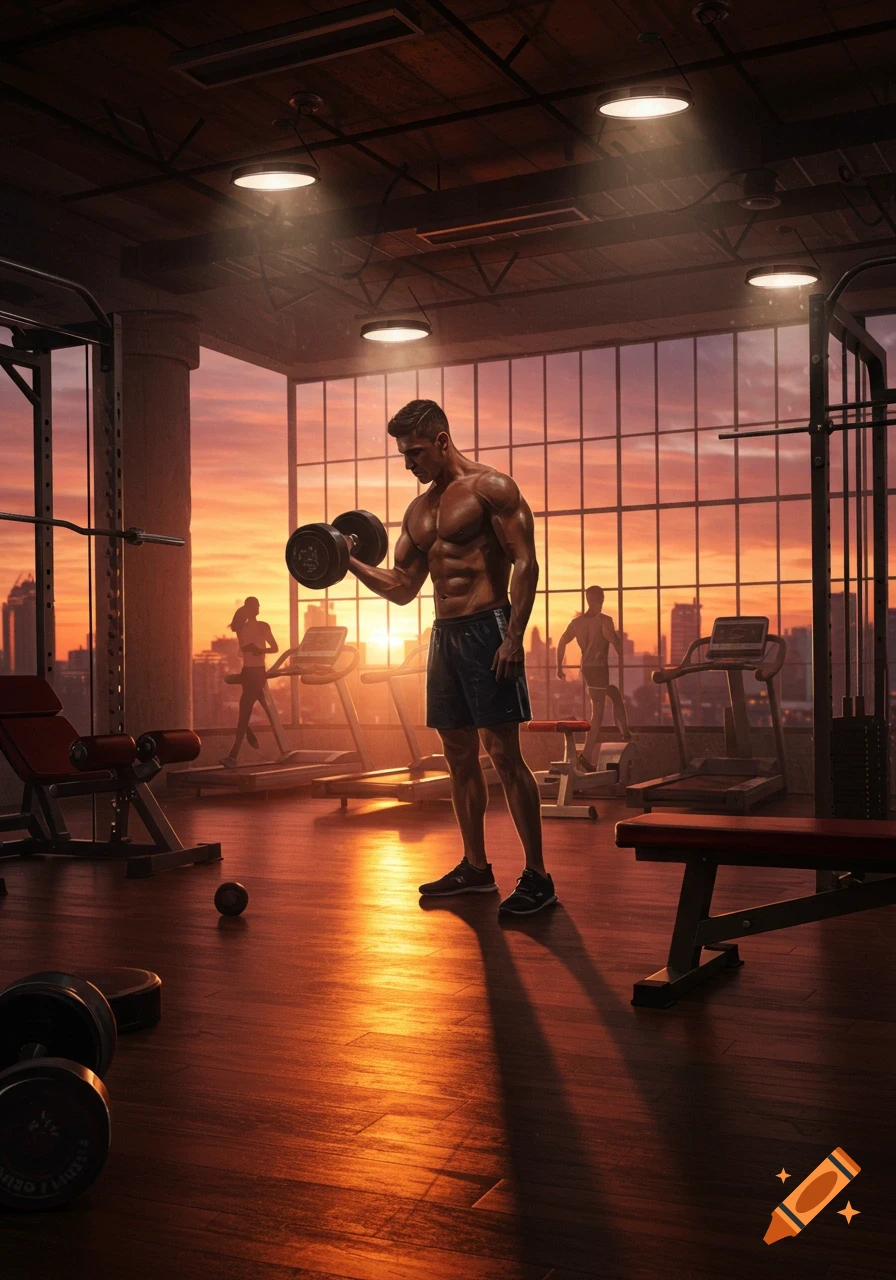 Muscular man lifts a dumbbell in a sunlit gym with a city view at sunset.