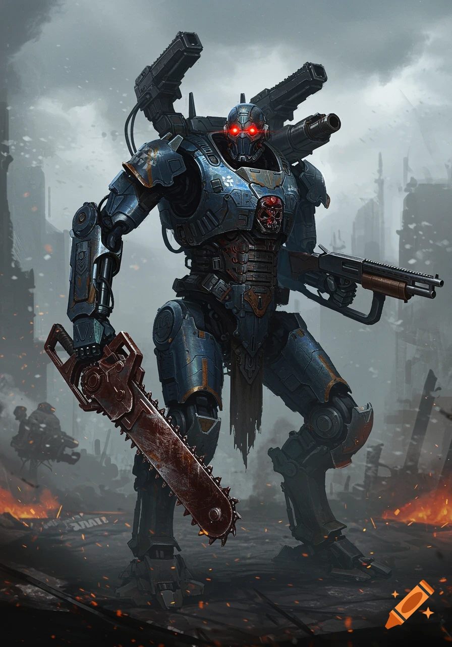 A large, menacing blue combat robot with glowing red eyes stands in a desolate, fiery battlefield, wielding a bloody chainsaw and shoulder-mounted shotguns.