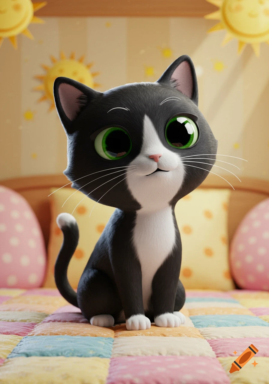 A cute black and white cartoon cat with large green eyes sits on a colorful quilted bed.