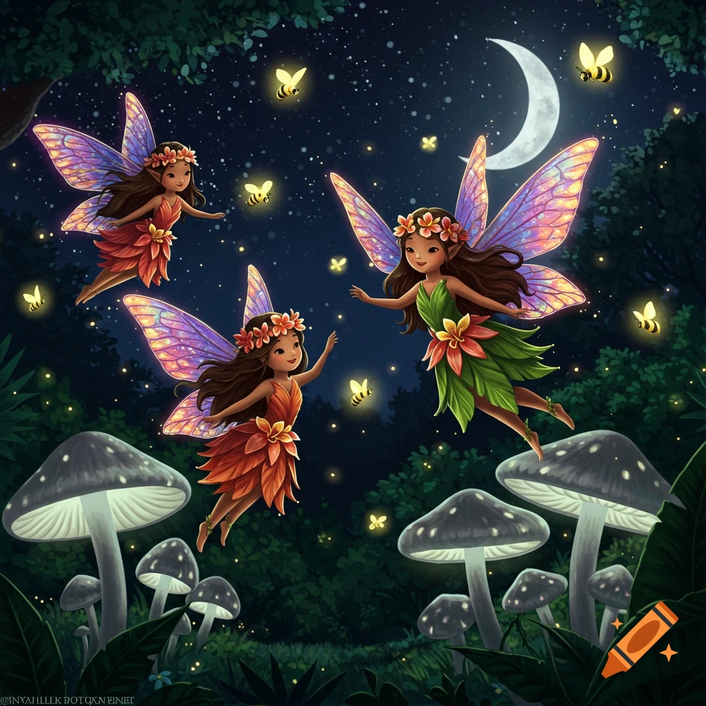Three cute fairies with colorful wings fly among glowing mushrooms and fireflies under a crescent moon in a dark forest.
