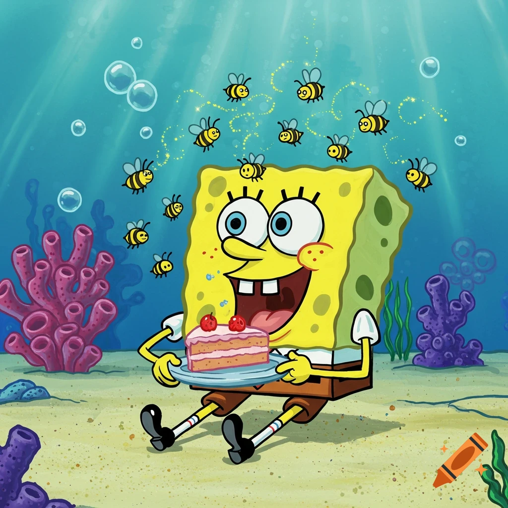 SpongeBob SquarePants sits on the ocean floor, happily holding a slice of cake while cartoon bees fly around him.