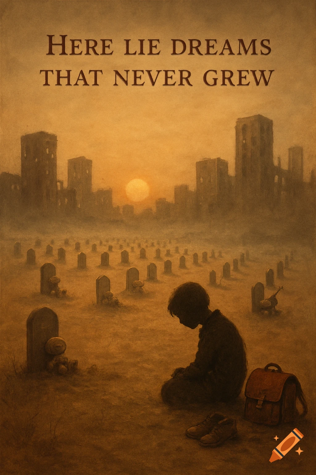 Somber art of a child kneeling in a graveyard at sunset, with a city skyline and text 'Here lie dreams that never grew'.