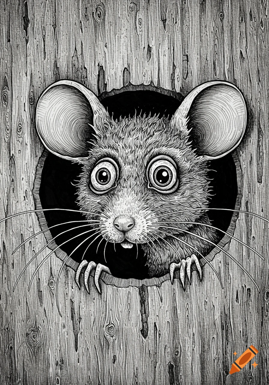 A black and white hand-drawn illustration of a wide-eyed mouse peering out of a hole in a wooden wall.