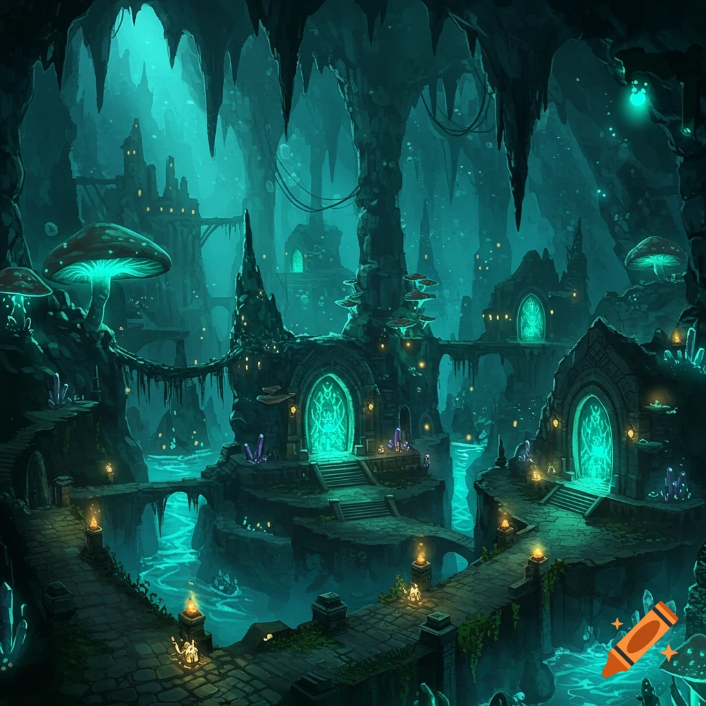 A vibrant fantasy subterranean city in a teal-lit cave, featuring glowing mushrooms and intricate architecture.