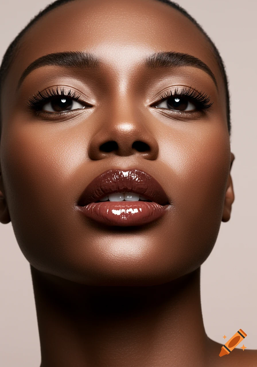 Close-up, photorealistic portrait of a woman with glossy brown lips and intense eyes.
