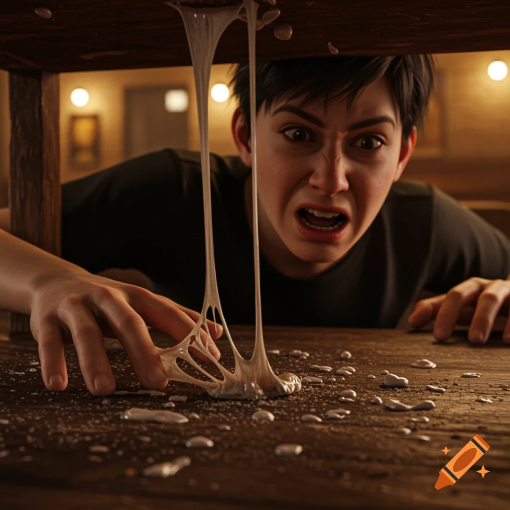 A young person looks disgusted as they discover sticky chewing gum under a wooden table, with more gum dripping onto the surface. Photorealistic.