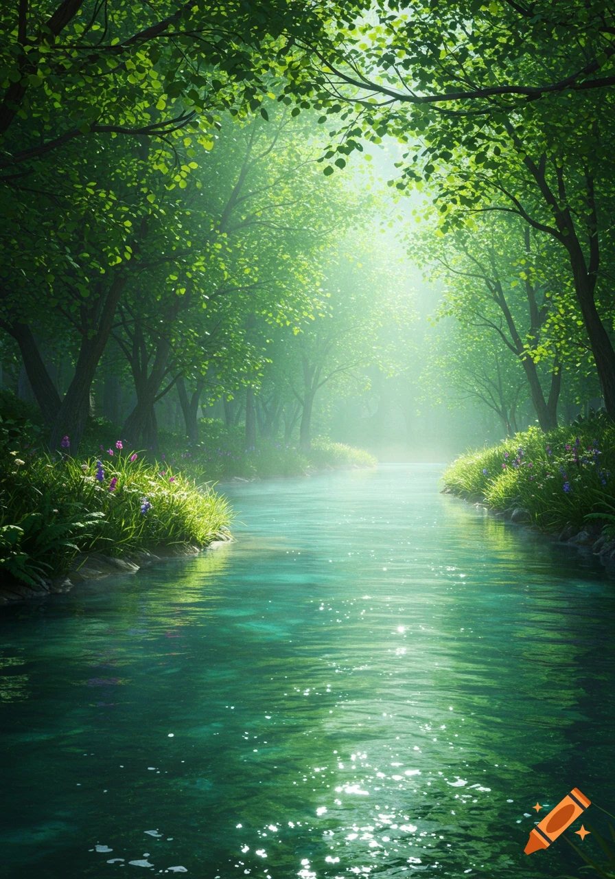 A serene river flows through a vibrant green forest with sunlight filtering through the dense canopy, creating sparkling reflections on the water.