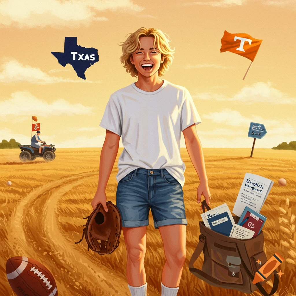 An illustration of a smiling person with blond hair in a field, holding a baseball glove and a bag with books. A Texas map (spelled TXAS) and a Tennessee flag are in the sky, and a quad bike and football are visible.