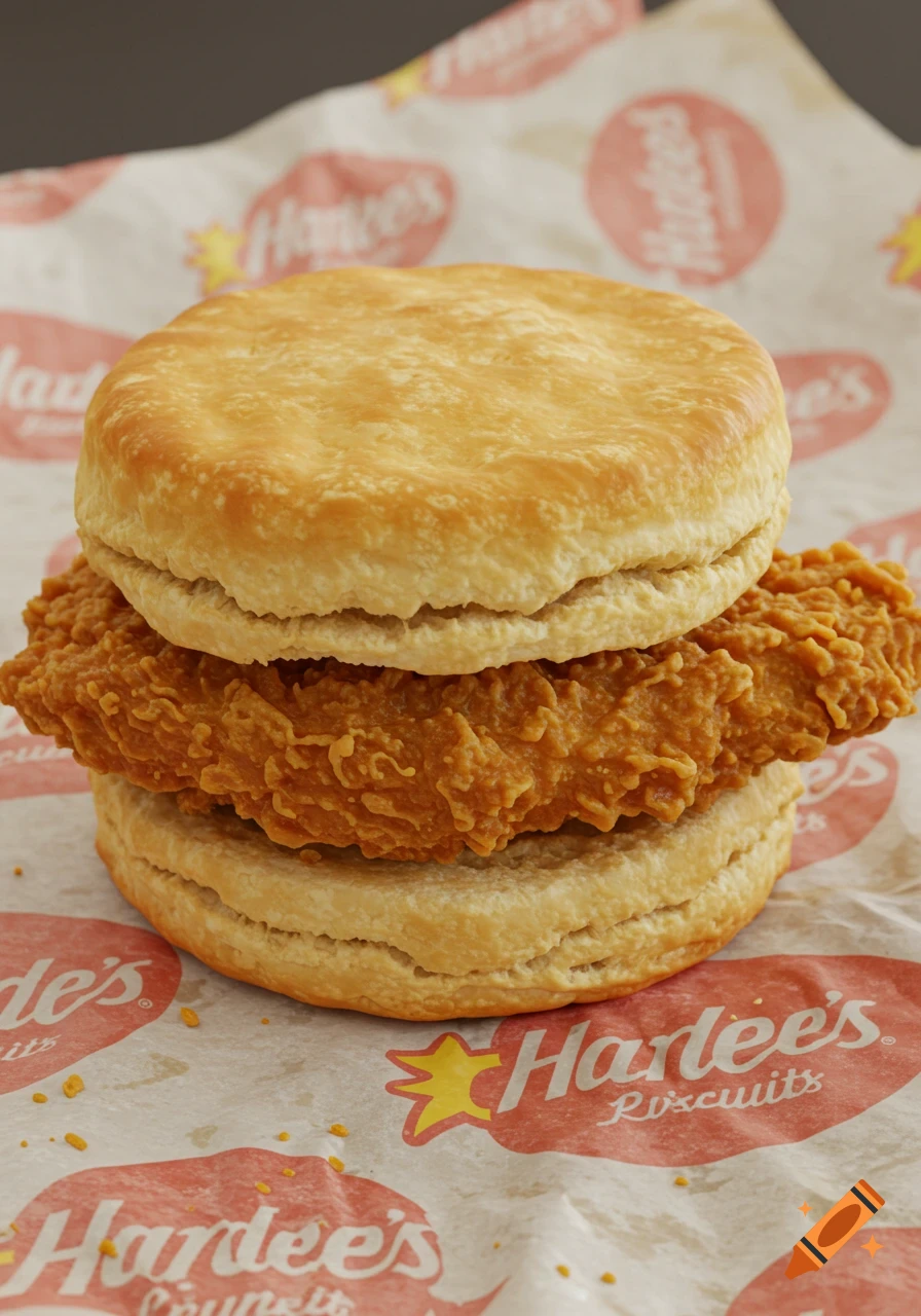 A close-up, photorealistic image of a Hardee's chicken biscuit on a branded wrapper, featuring a fried chicken fillet between two biscuit halves.
