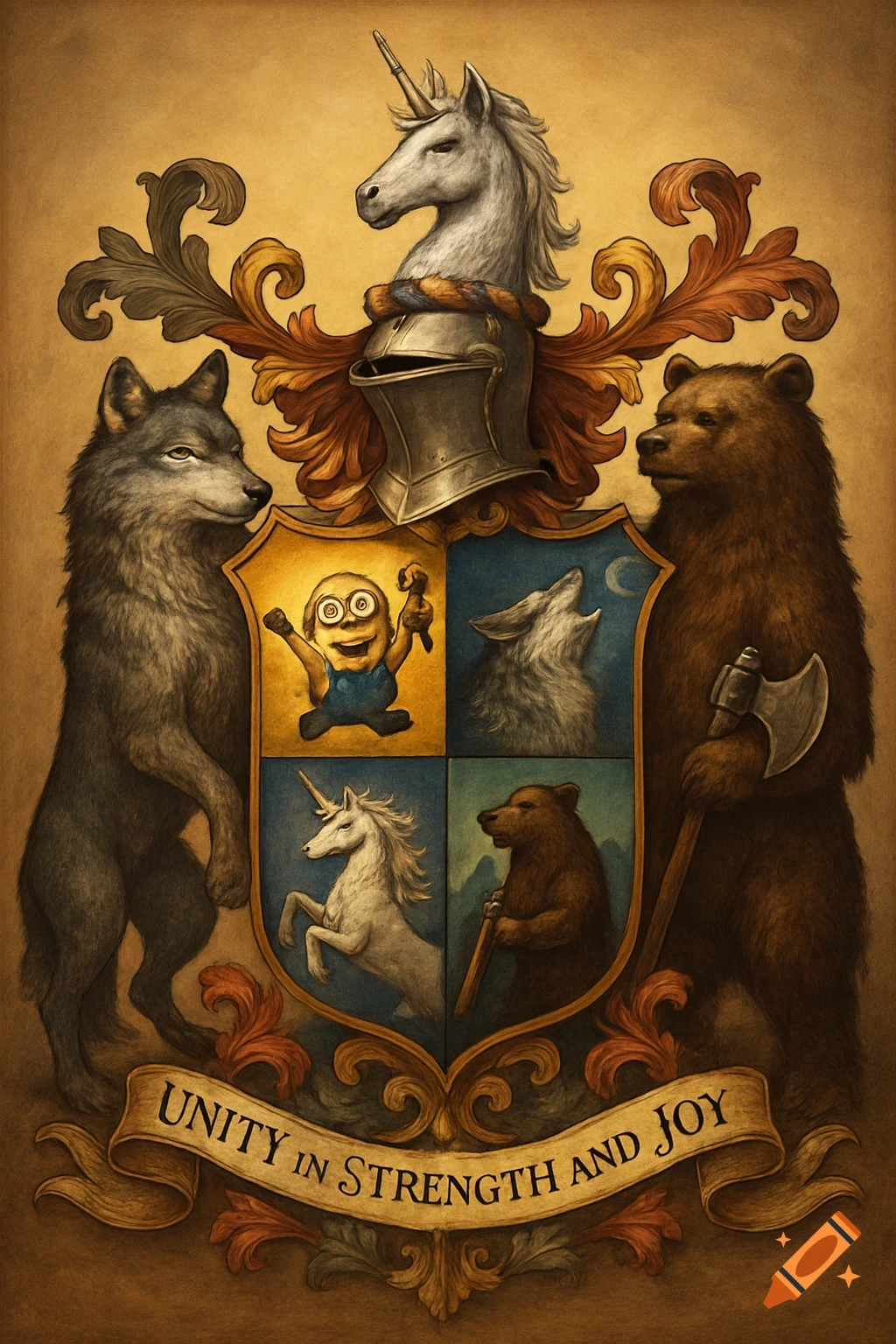 A fantastical coat of arms with a Minion, wolf, unicorn, and bear, featuring a knight's helmet and a banner reading 'Unity in Strength and Joy'.