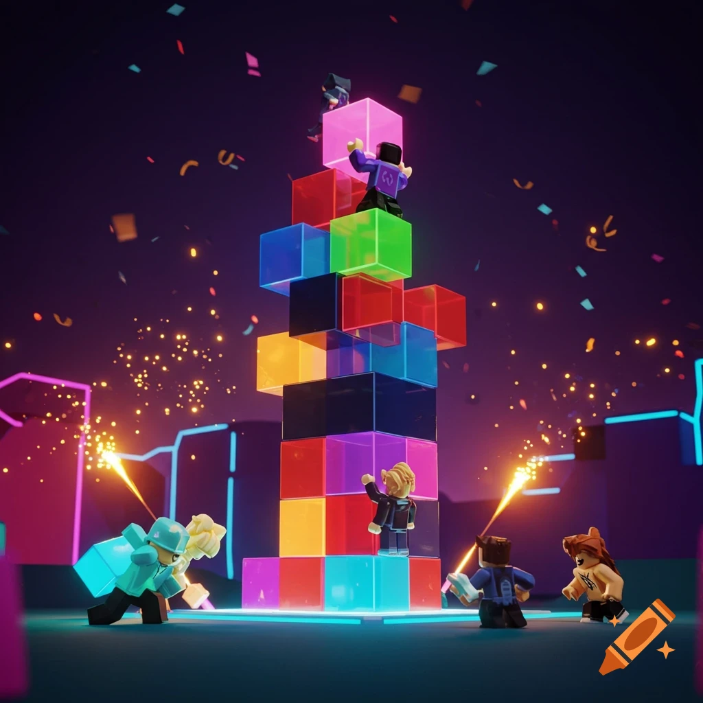 Blocky characters building a tower of glowing colorful blocks, with confetti and sparks in a neon-lit, game-like environment.