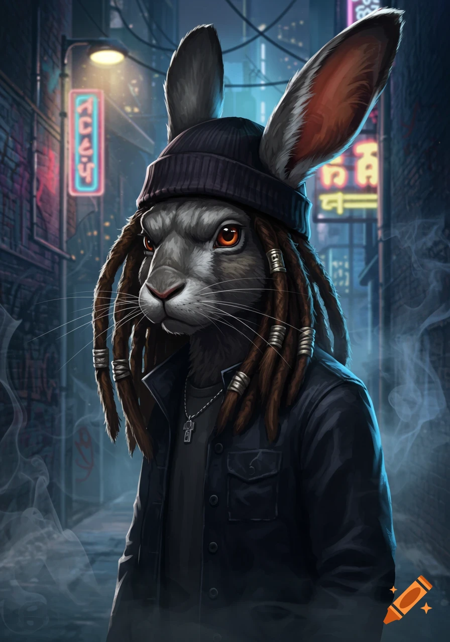 A anthropomorphic gray rabbit with dreadlocks and a beanie stands in a dark, neon-lit urban alley.