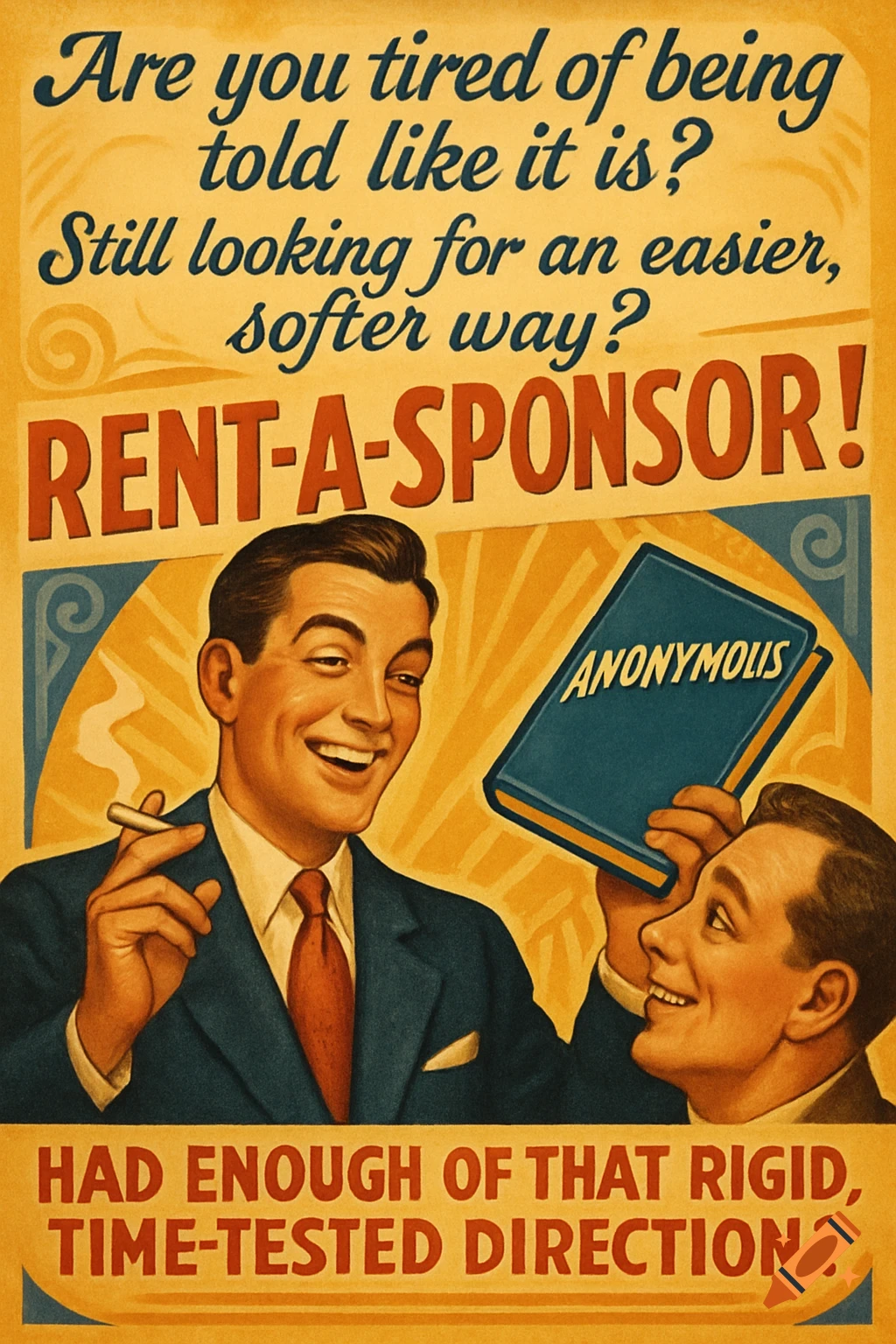 A vintage 1940s-style advertisement shows a smiling man smoking a cigarette and holding a book titled "ANONYMOLIS" next to a grateful man. Text reads "Rent-A-Sponsor!" and other phrases.