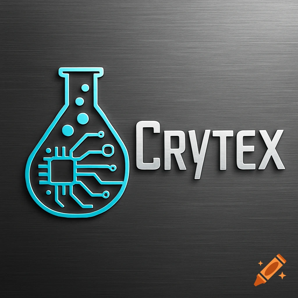 A modern logo featuring a teal flask icon with integrated circuitry, alongside the silver, stylized text "Crytex", all on a dark brushed metal background.