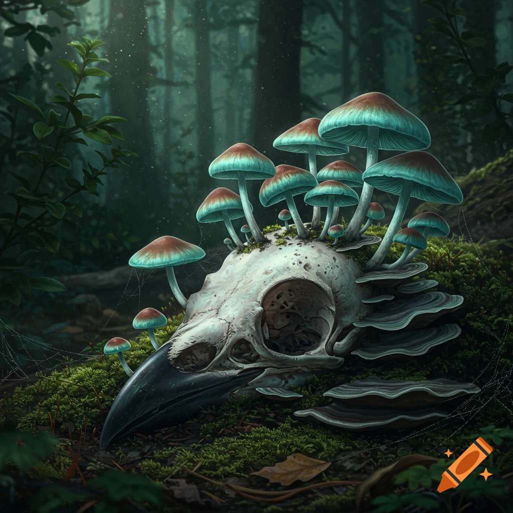 A raven skull with vibrant blue-capped mushrooms growing from it, resting on moss in a dark, misty forest.