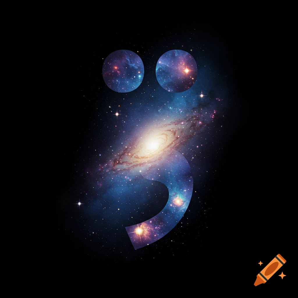 A semicolon made of a vibrant galaxy texture against a black background.