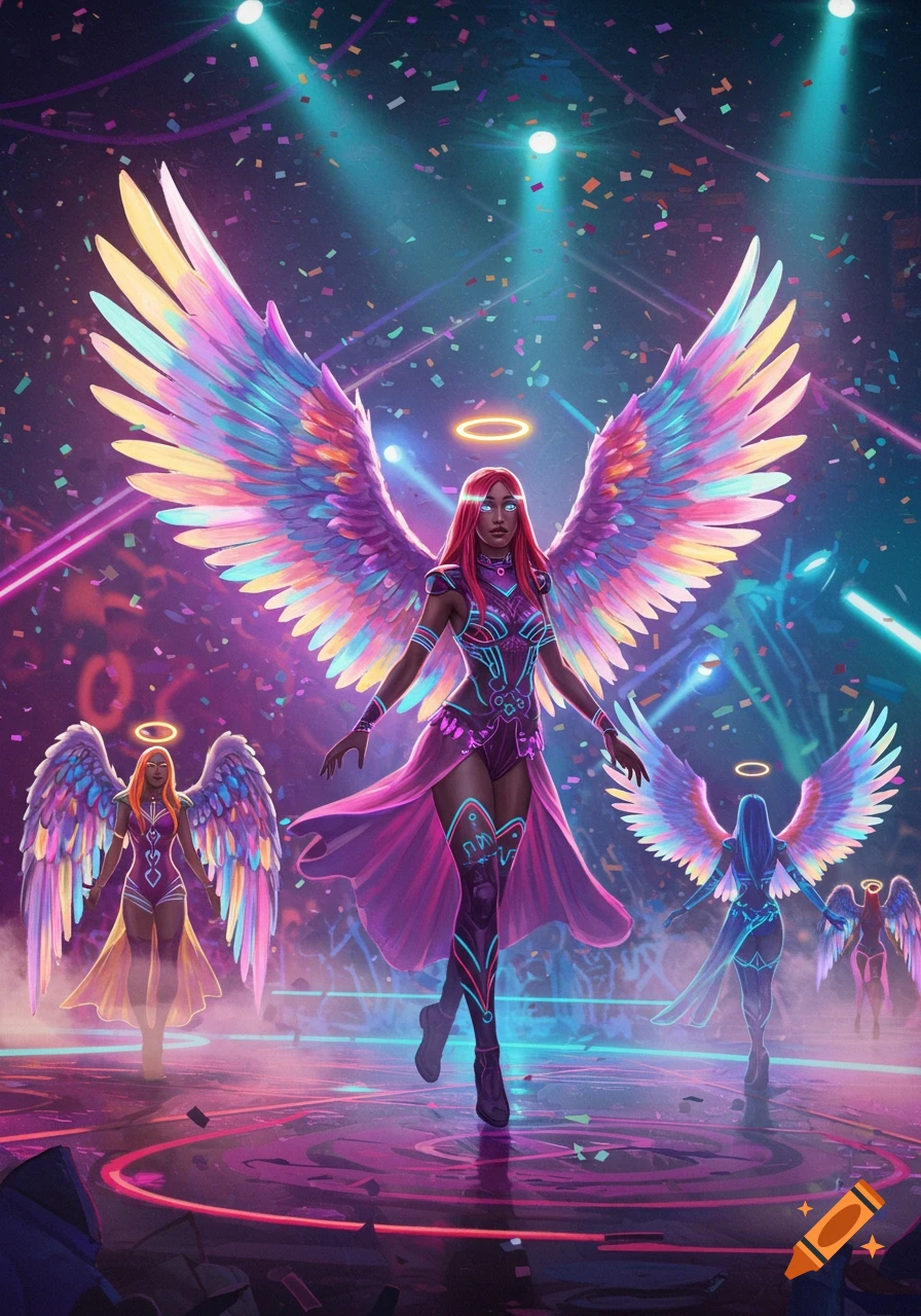 Vibrant digital art of angels with large colorful wings in neon rave outfits on a stage with confetti falling.