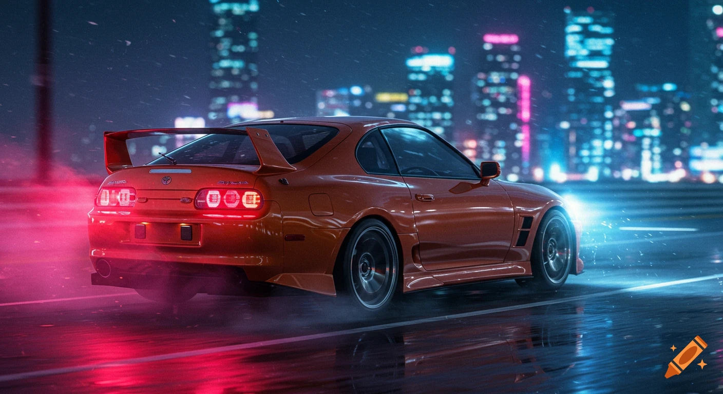 A red Toyota Supra drives on a wet city street at night, illuminated by blue headlights, red taillights, and blurred neon city lights.