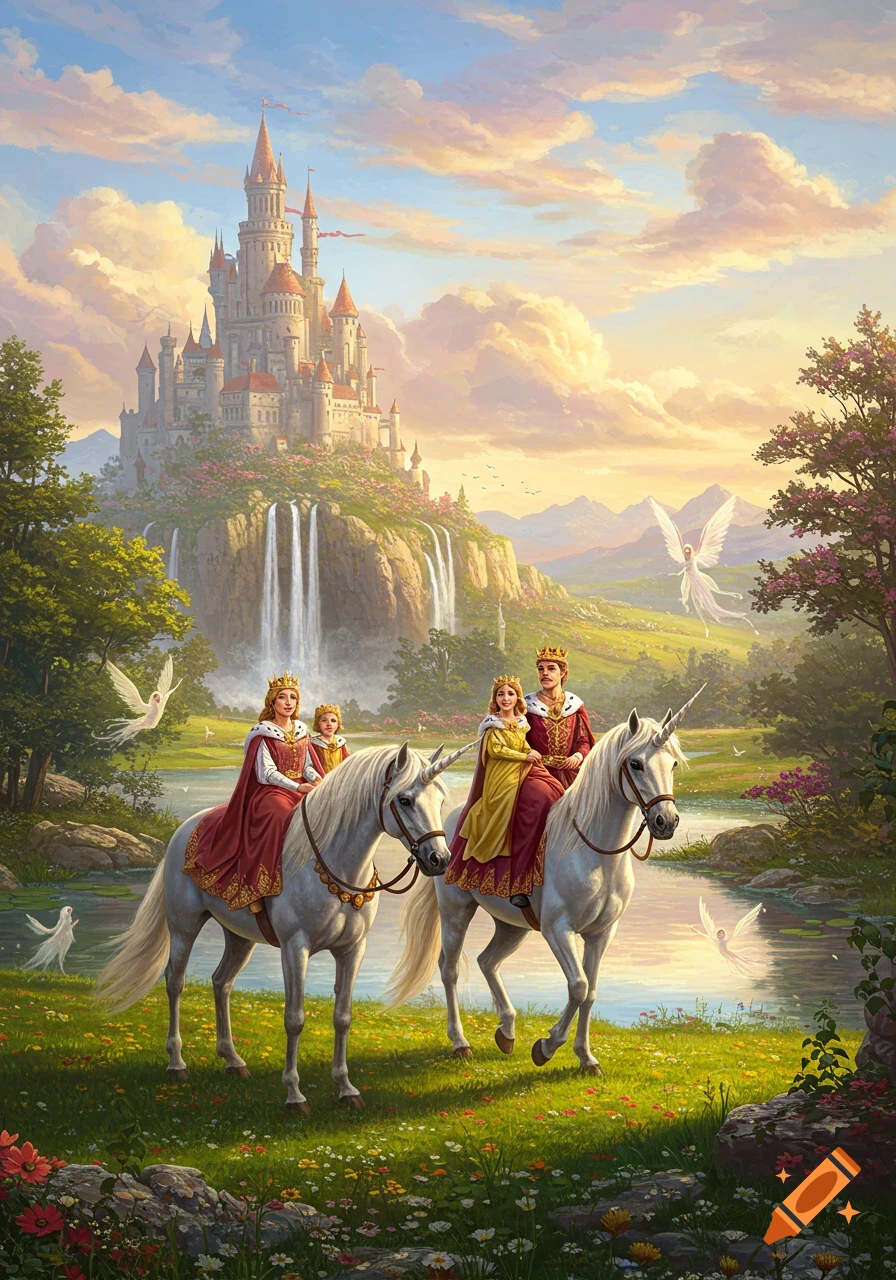 A royal family on white unicorns rides through a vibrant fantasy landscape with a large castle, waterfalls, and fairies under a sunrise sky.