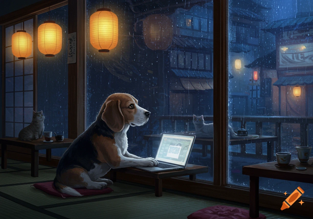 A beagle sits on a cushion, looking wistfully at the rainy street outside a Japanese cat cafe while using a laptop. Two cats are visible outside the window.