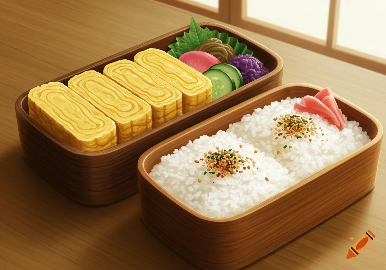 Two traditional Japanese bento boxes with tamagoyaki, rice with furikake, and pickled vegetables on a wooden table.