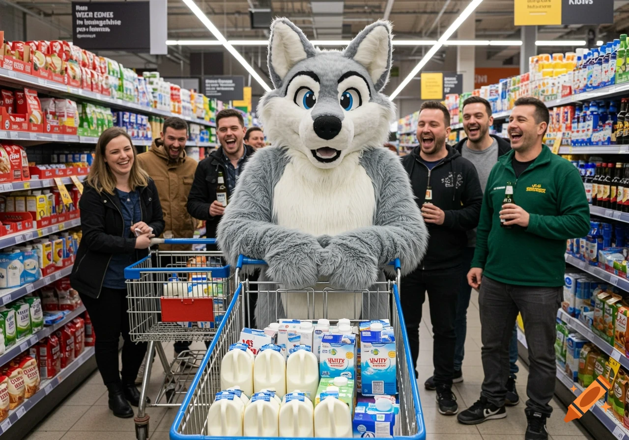 A person in a gray wolf furry costume pushes a shopping cart full of milk in a supermarket aisle, while several people nearby laugh and hold beer bottles.