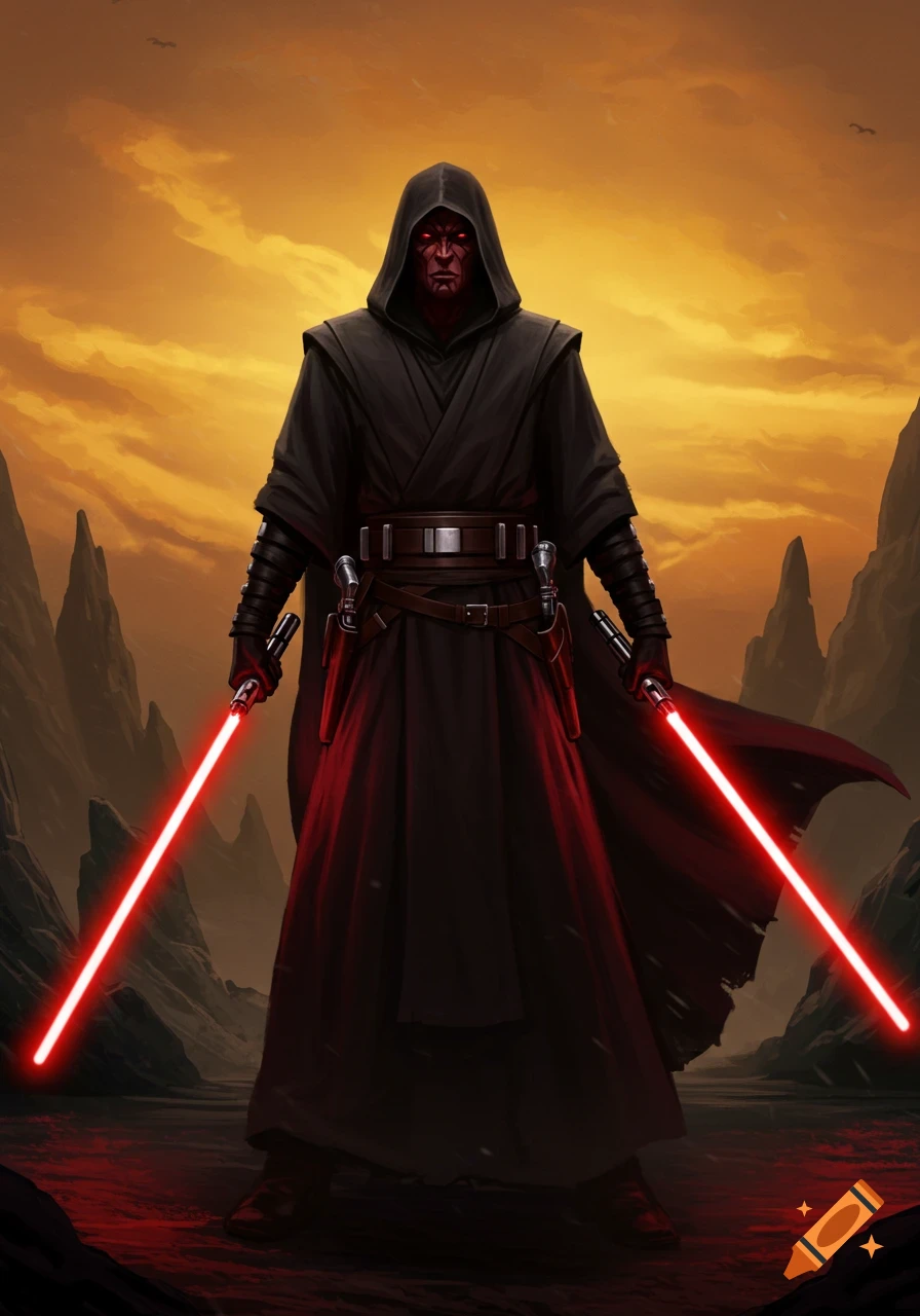 A dark, hooded Sith Lord with red skin and glowing red eyes stands with two ignited red lightsabers against an orange, cloudy sky over a rocky alien landscape.
