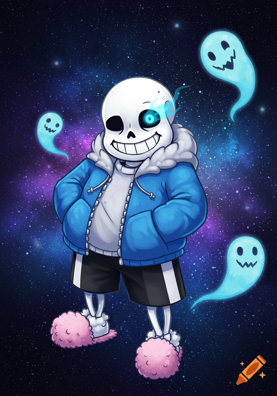 Cartoon Sans from Undertale, a smiling skeleton in a blue hoodie and pink slippers, stands against a cosmic background with three floating blue ghosts.