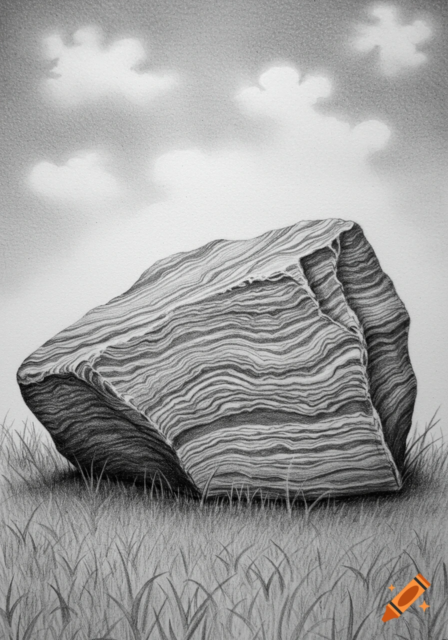 A detailed black and white pencil illustration of a large, striped metamorphic rock sitting in grass beneath a cloudy sky.