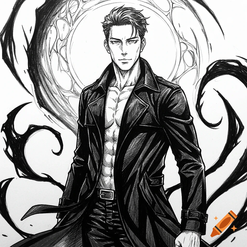 Black and white sketch of a muscular man in an open trench coat, with a dark, swirling aura behind him.