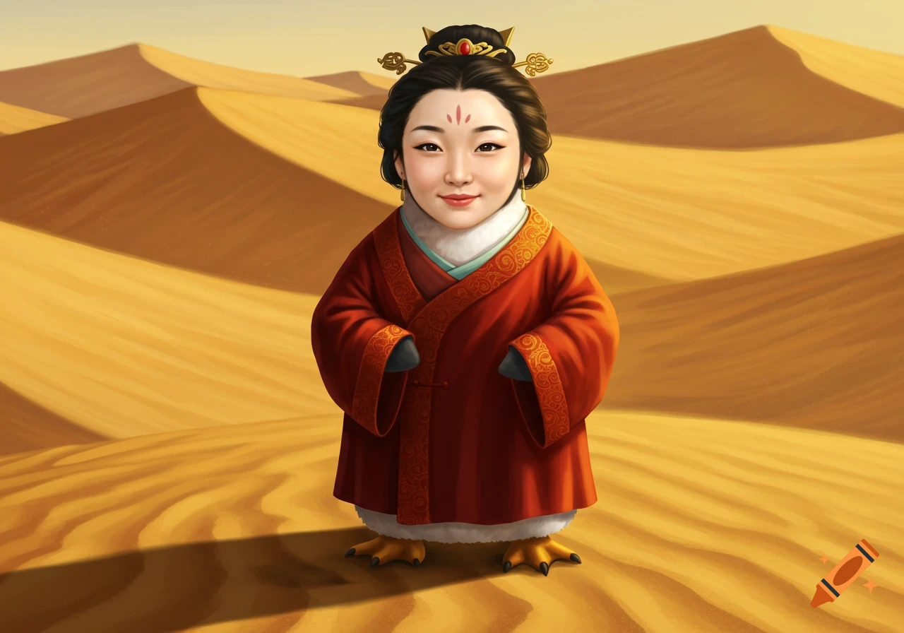 A cartoon character with a Chinese woman's face and a penguin's body wearing a red robe stands in a desert.