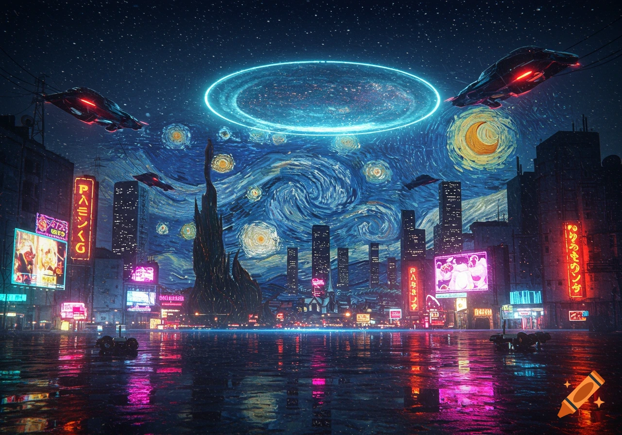 A futuristic cyberpunk city at night under a swirling, Starry Night-style sky with neon signs, flying vehicles, and reflective wet ground.
