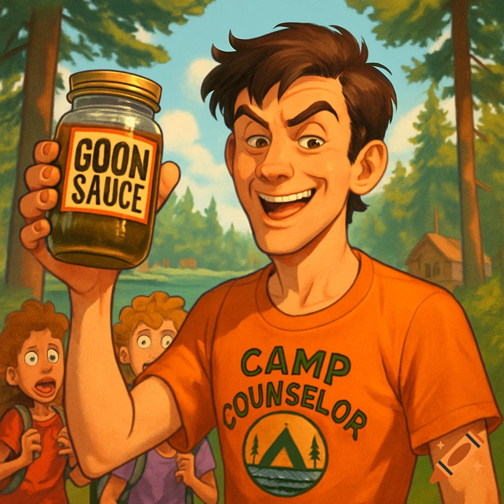 A smiling camp counselor in an orange shirt holds up a jar labeled "GOON SAUCE" while two scared kids look on behind him in a forest.