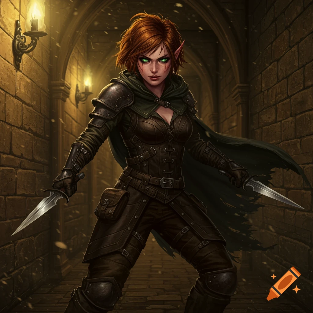 A fierce female elf rogue with auburn hair and green eyes, wearing leather armor, stands with daggers in a dark stone dungeon.