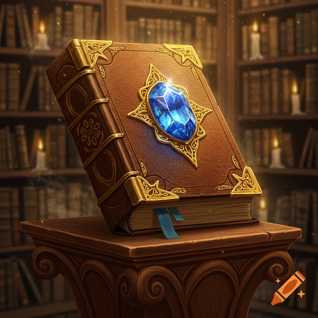 An ancient, ornate leather-bound book with gold clasps and a glowing blue sapphire on its cover, resting on a wooden pedestal in a dimly lit library.