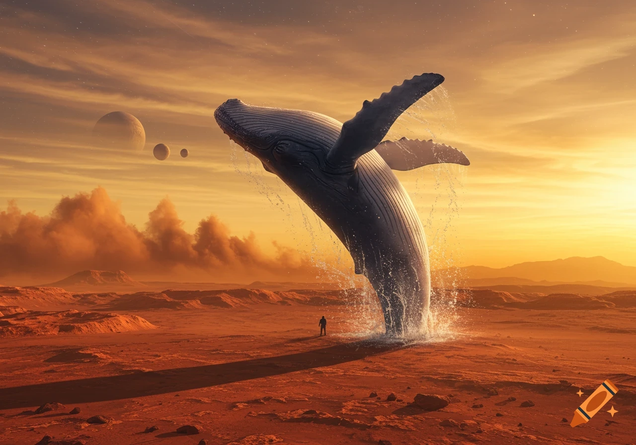 A massive whale breaches from the red desert ground of Mars, splashing water. A small person stands nearby under an orange sky with multiple planets.