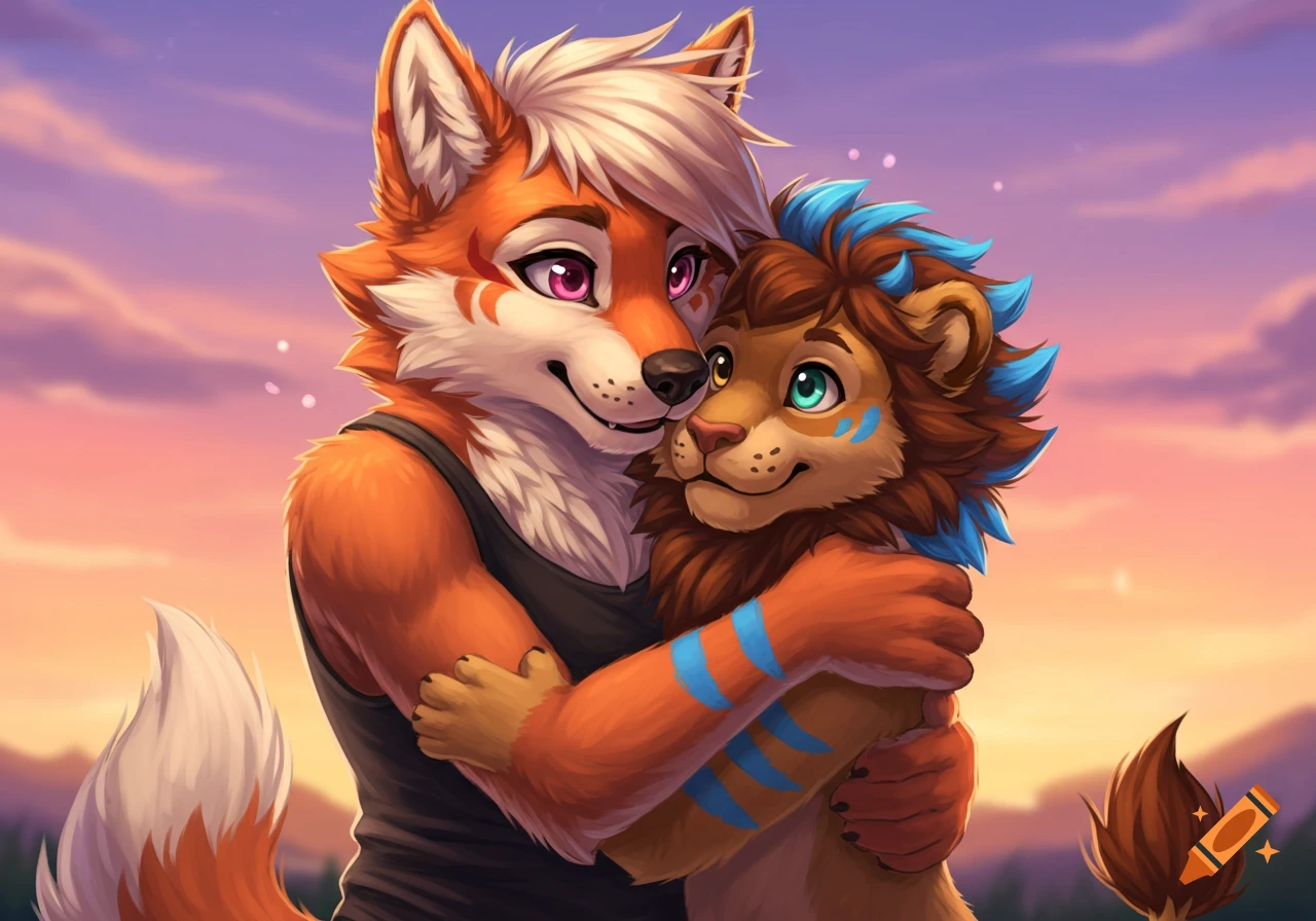 Two anthropomorphic furry characters, a fox in a black tank top and a lion with blue hair, hugging at sunset in an animated style.