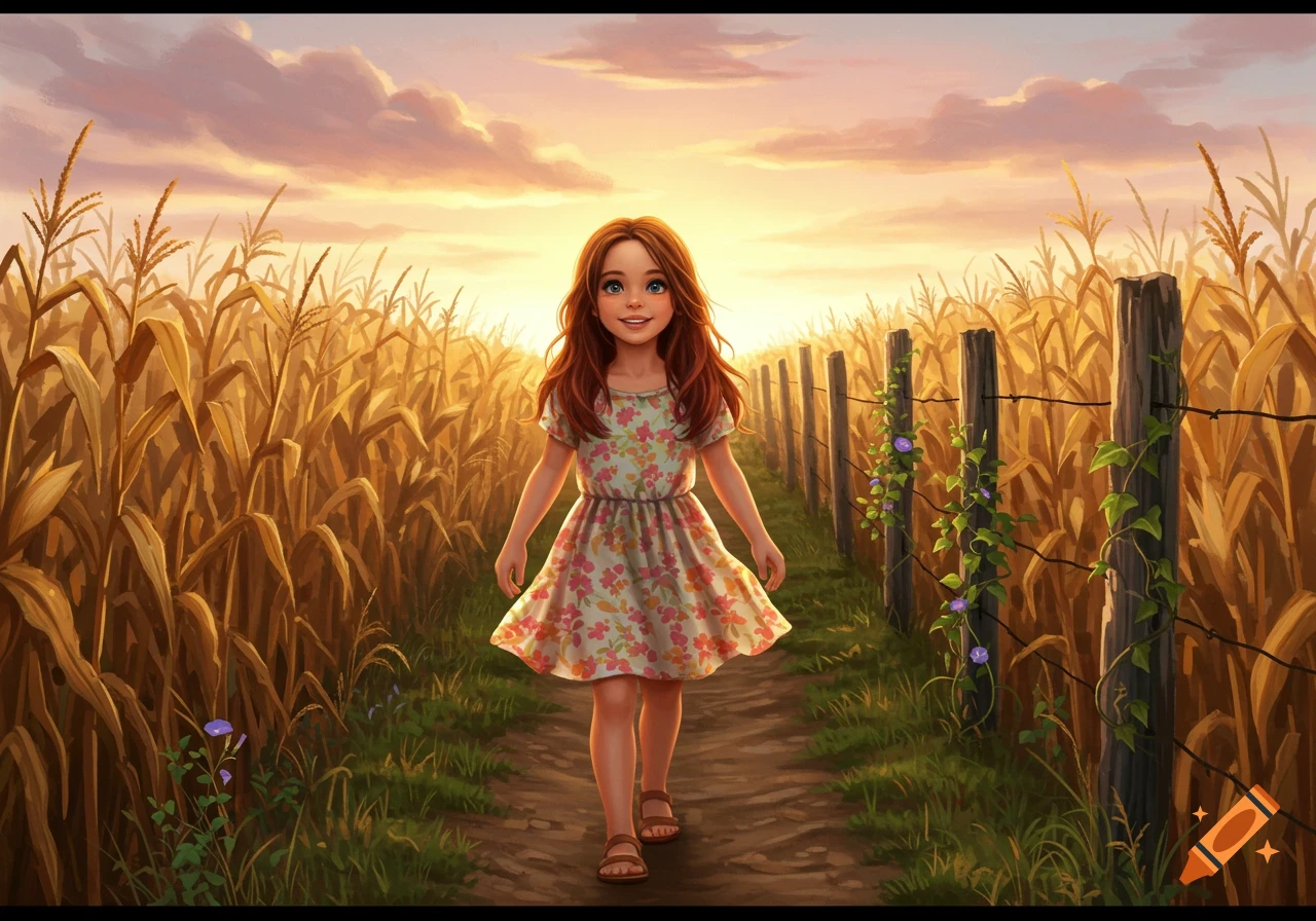 A cute illustrated girl with red hair walks on a dirt path through a golden corn field at sunset.