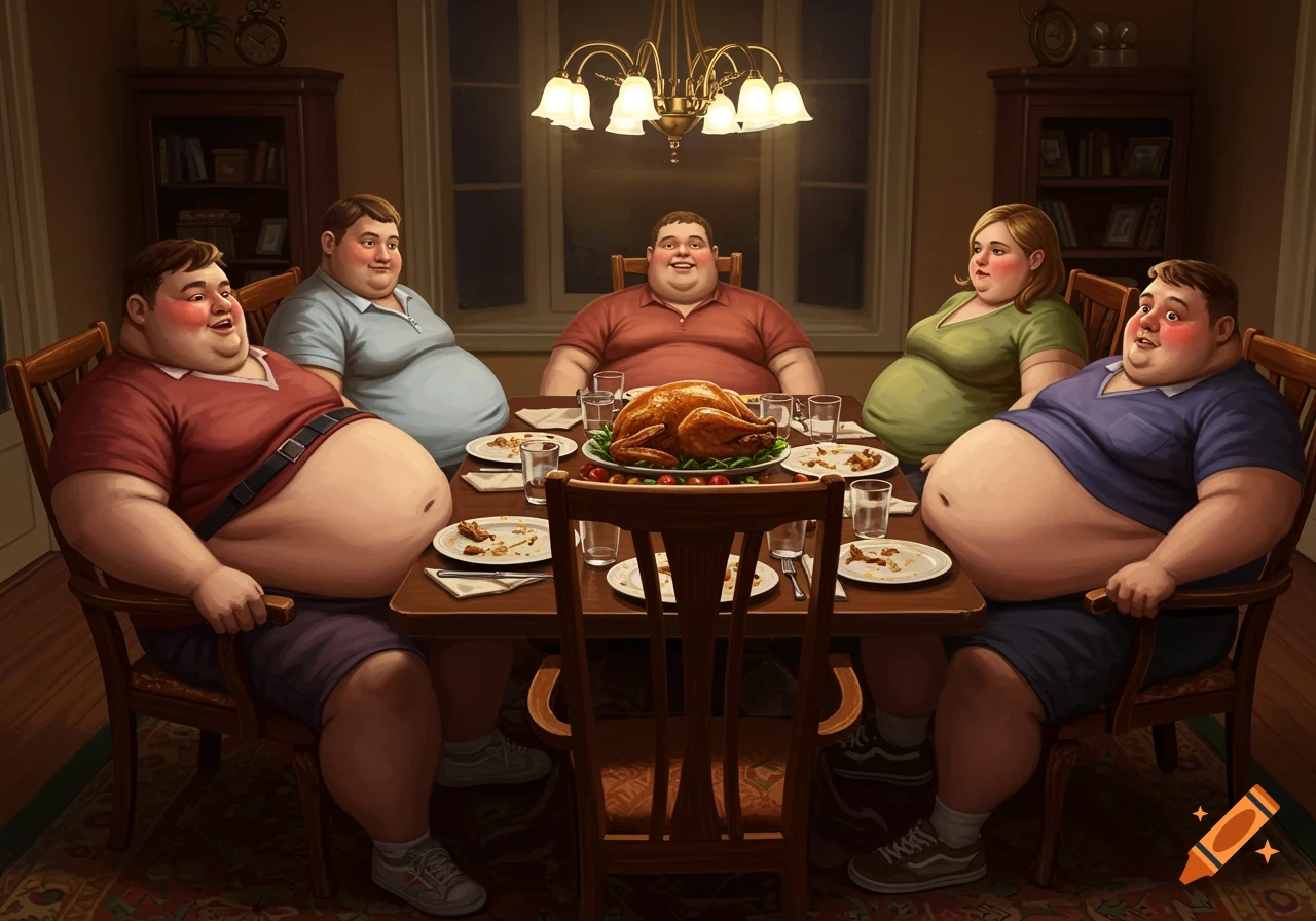 A stylized illustration of an overweight family sitting around a dinner table with an eaten turkey and empty plates.