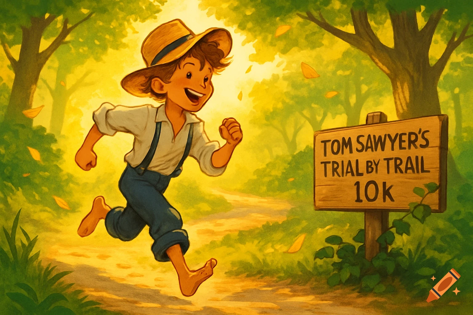 A joyful cartoon boy, resembling Tom Sawyer, runs barefoot on a sunlit dirt trail through a vibrant green and yellow forest. A sign beside the path reads 'TOM SAWYER'S TRIAL BY TRAIL 10K'.