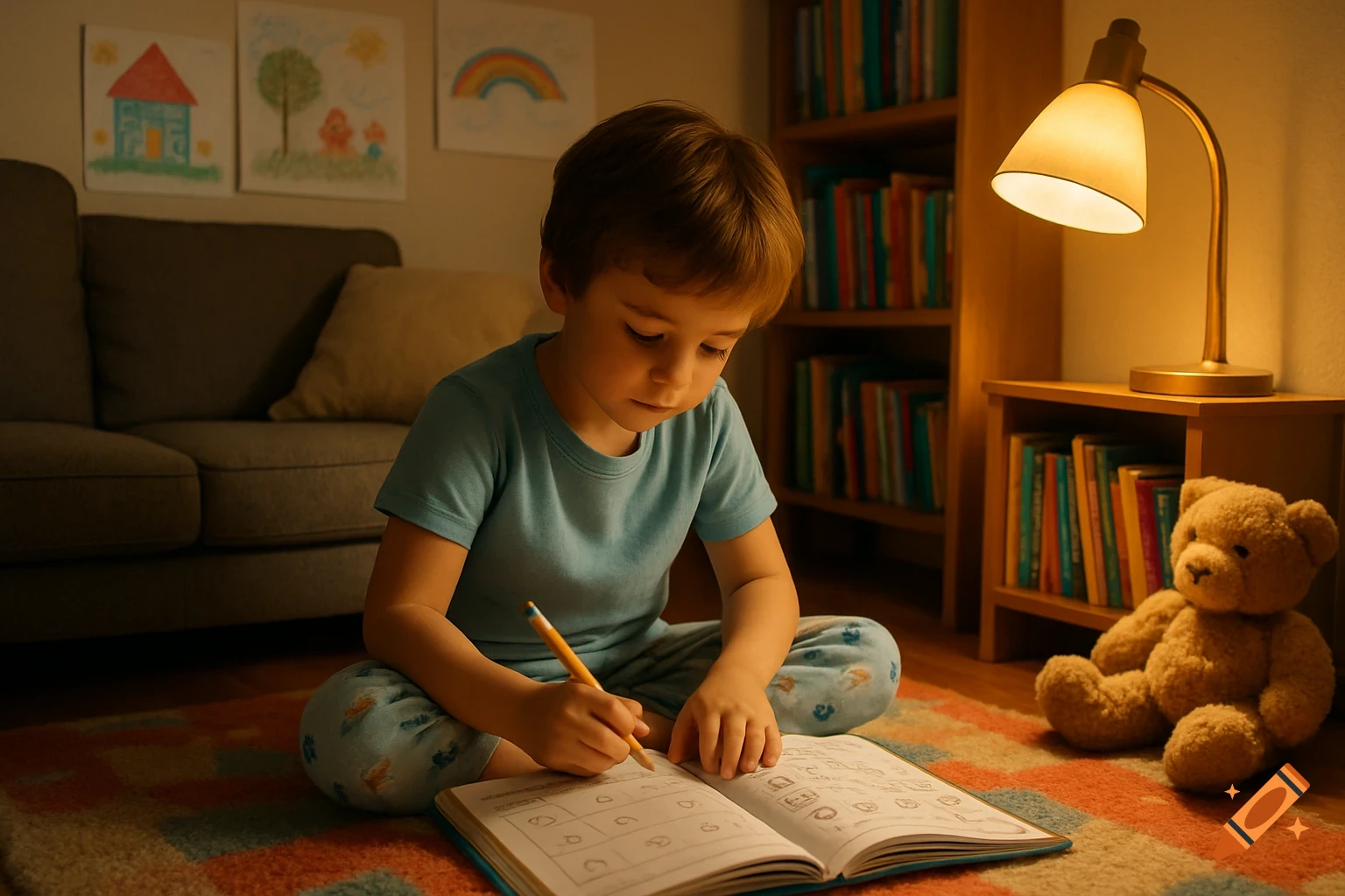 A young child in blue pajamas sits on a rug in a dimly lit room, illuminated by a lamp, and writes in a homework book. A teddy bear sits nearby.